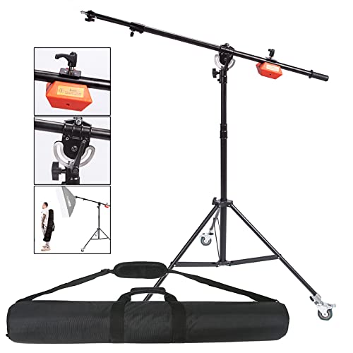 Pro Support de Lumière 180cm & Bras Girafe 224cm 2 en 1, Sac Trépied, roulettes Pivotantes et Contrepoids de 4kg, Trépieds&Boom Arm 2in1 pour Monolight, Lampe Stroboscopique, Softbox