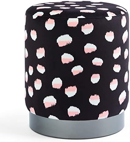 BTFY Velvet Sakura Stool with Japanese Pink Cherry Blossom Print  Black & White Small Footstool & Dressing Table Seat for Bedroom & Living Room Spaces with Modern & Contemporary Bold Statement Design