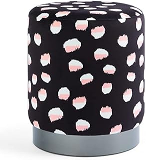 BTFY Velvet Sakura Stool with Japanese Pink Cherry Blossom Print  Black & White Small Footstool & Dressing Table Seat for Bedroom & Living Room Spaces with Modern & Contemporary Bold Statement Design