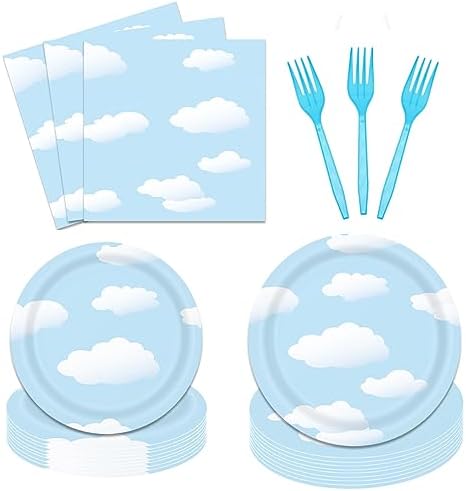 96 PCS Blue Sky White Cloud Party Decorations Boys Girls Baby Shower Kids Birthday Tableware Kit Party Supplies Paper Plate Napkin Fork 24 Guests