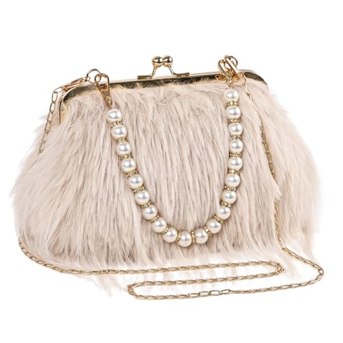 FeelfunFeather Women Clutch Purses Fluffy Feather Evening Handbags for Wedding Party Banquet Prom Crossbody Bag with Detachable Chain(Beige)