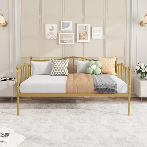 Image of Twin Daybed with Trundle, Metal Sofa Bed Frame with Steel Slat Support, Twin Size Space-Saving Multifunctional Furniture for Living Room, Bedroom, Love Heart Design, No Box Spring Needed, Gold