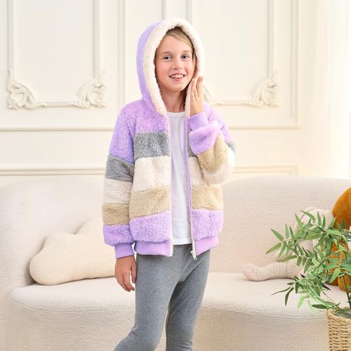 Image of Girls Zip up Hoodie Kids Fuzzy Fleece Jacket with hood Fall Winter Contrast color Pullover Sweatshirt 4-14 Years