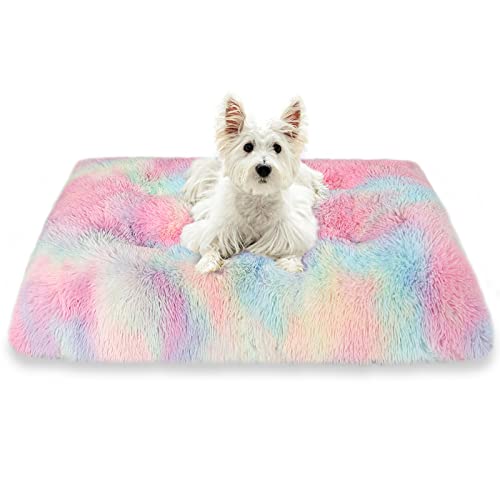 Patas Lague Soft Plush Dog Bed Crate Mat For Large Dogs (44 * 30 * 4 In), Faux Fur Fluffy Dog Pet Cat Kennel Pad With Anti-Slip Bottom, Machine Washable Rainbow #TOP20