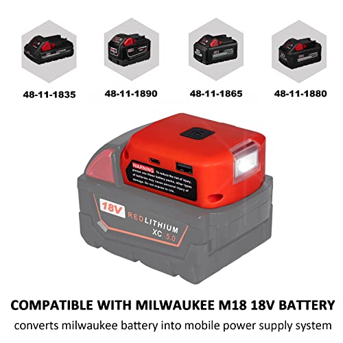 Lilocaja M18 Power Source Replacement For Milwaukee Usb Charger Adapter 49-24-2371, With Usb-C & Usb Port & Led Work Light & Dc Port, Compatible With Milwaukee M18 18V Li-Ion Battery #TOP1