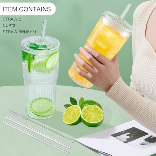 Luiaiog 20 oz Glass Cups with Lids and Straws Set of 2, Ribbed Glass Coffee Cups for Iced Coffee, Matcha, Cold Brew, Smoothie, Boba, Reusable Clear Glass Tumbler with Cleaning Brush by Luiaiog - Used condition - Image 7