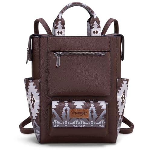 Montana West Bolsa feminina Wrangler Aztec com zíper nas costas, antifurto, conversível, com alça ajustável, Café escuro, 11'L x 6'W x 12'H, Mochilas Daypack