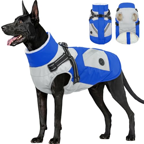 FUAMEY Dog Winter Jackets for Large Dogs,Dog Coat with Harness Built in,Waterproof Dogs Snowsuits Warm Pet Jacket Zip Up Fleece Cold Weather Coats Reflective Puppy Vest with Pocket Blue 2XL