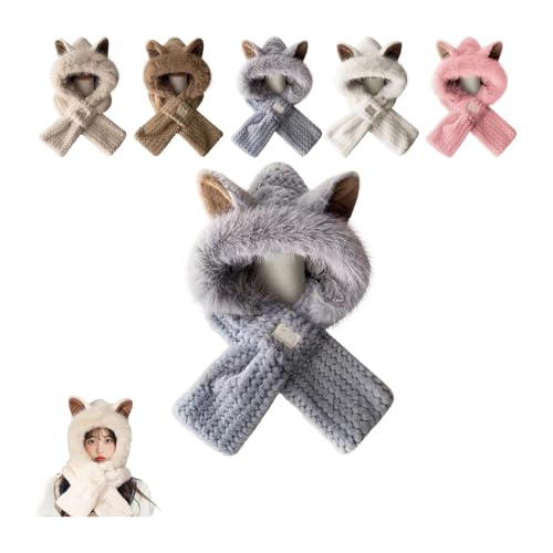 New Cute Fox Ears 2-in-1 Hat and Scarf, Windproof Cap with Integrated Ear Protection, Hooded for Women Winter