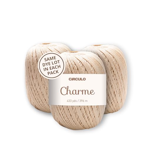 CIRCULO Charme Yarn Pack, 1299 yds for Knitting & Crochet, 3 Balls of 100% Mercerized Brazilian Virgin Cotton, Soft Sport Weight, Color 7684 - Porcelain
