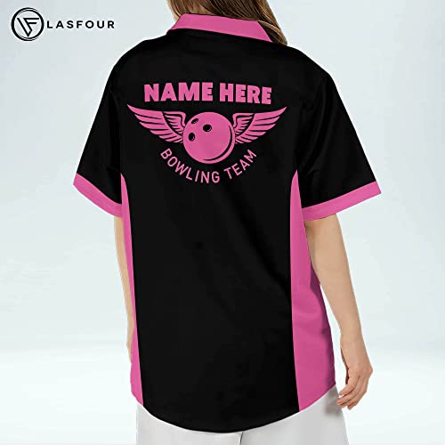 Lasfour Personalized 3D Heartbeat Pulse Line Pink Bowling Shirts For Women Retro, Custom Women's Short Sleeve Button Down Bowling Shirts Hawaiian With Name, Bowling League Shirts For Women #TOP4