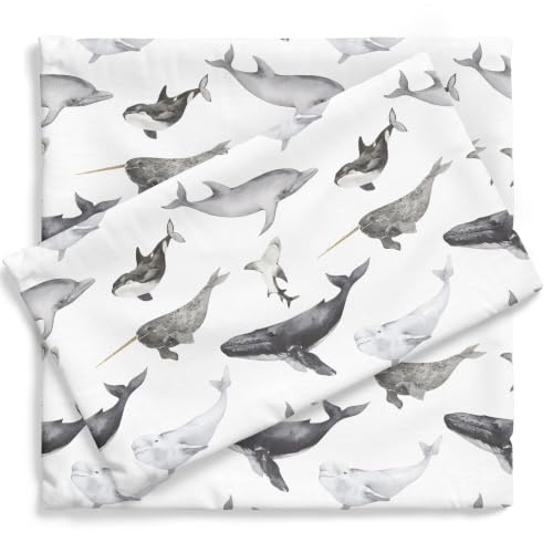 Image of Pobibaby Premium Twin Full Sheets Sets, Kids Double Bed Sheets in Cotton Blend | Ultra-Soft Woodland Camping Print with Fitted Sheet, Flat Sheet & Pillowcases (Twin Seaside Whale)
