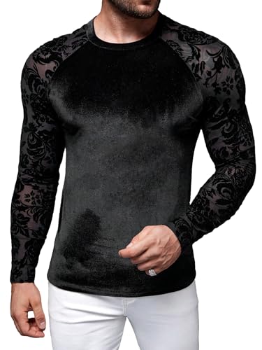 WDIRARA Men's Floral Lace Mesh Fleece Fuzzy T-Shirt Crewneck Raglan Long Sleeve Casual Tee Tops