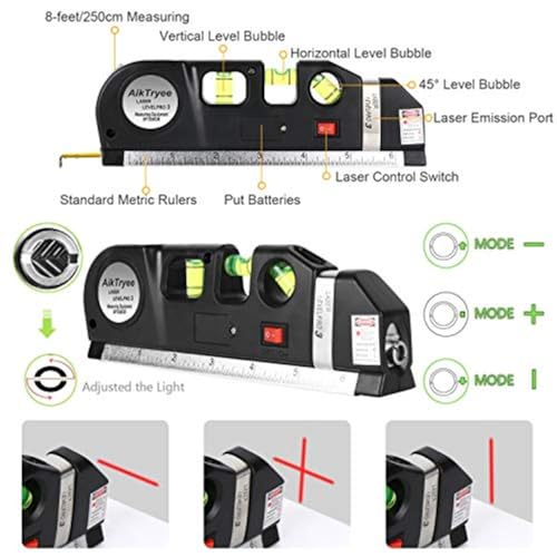Image of Multipurpose ABS Laser Level Line Tool Kit | Standard Cross | Leveler Beam with Metric Rulers 8ft /2.5M for Picture Hanging cabinets Tile Walls