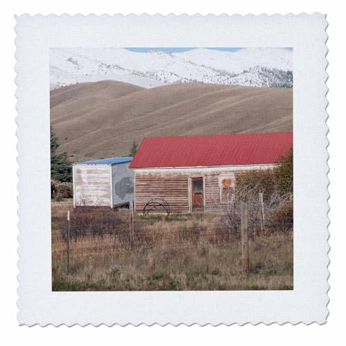 18x18 inch Quilt Square - A red roofed barn in Montana with Snow on Mountain Behind Red Roofed Barn