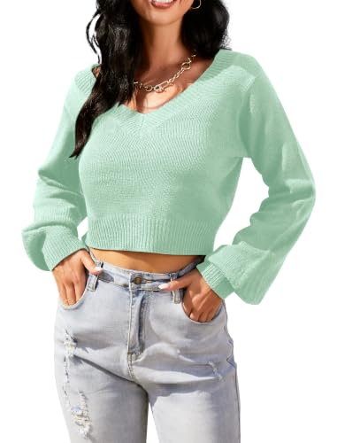 Image of ZAFUL Women's Cropped Sweater V-Neck Long Sleeve Pullover Jumper Knit Top | Crop Length, Ribbed Knit, Double V design, White sweater, Raglan sleeves, lantern sleeve, Fall & Winter, Loose fit, Oversized