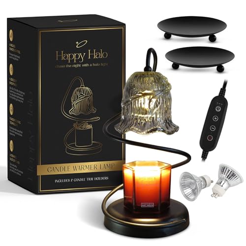 Happy Halo Candle Warmer Lamp with Dimmer & Timer, 2 Bulbs + Bonus Candle Trays – Candle Lamp Warmer for Jar Candles, Gifts for Women, Bedroom Decor, Housewarming Gift, Vintage Aesthetic