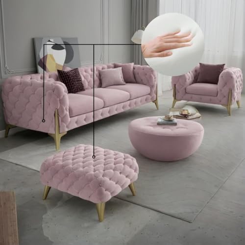 Image of A to Z Furniture Modern Classic Fabric & Valvet Tufted Chesterfield Sofa Living Room and Office (3+1= 4 Seater Sofa Set with Footrest Rose Pink)