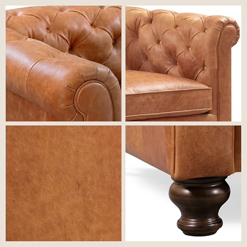 Image of POLY & BARK Lyon 87.4 inch Leather Sofa in Cognac Tan - Full-Grain Pure-Aniline Italian Leather, Deep Button Tufting, Rolled Arms and Espresso Wood Legs - Chesterfield Style for Elegant Living Rooms