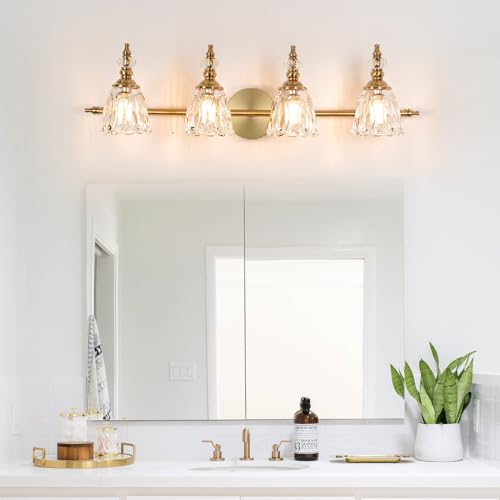 Image of Brushed Antigue Brass Bathroom Light Fixtures 4 Lights, Antique Brass Vanity Light, Vanity Light Over Mirror, Vintage Bathroom Light with Clear Flower Glass, Lights for Wall Interior Hallway