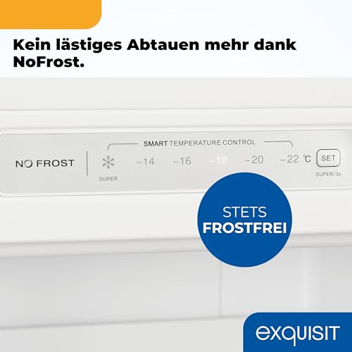 Exquisit Gefrierschrank | 161 l Nutzinhalt, Energieeffizienzklasse D, 39 dB(A) | NoFrost-Gefrieren, Schnellgefrieren, elektronische Temperaturregelung, Türalarm, hohe Bauform | GS5231-NF-H-040D weiss