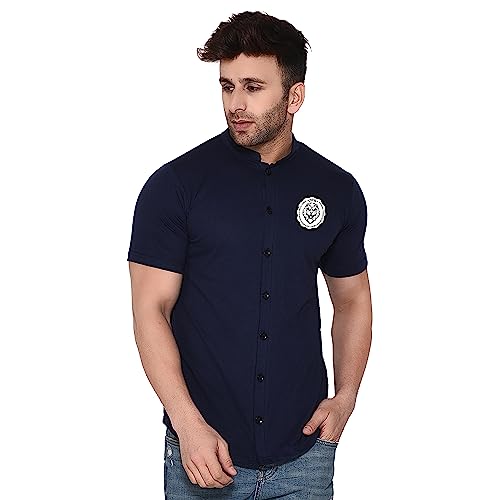 Image of Geum Men's Mandarin Collar Shirt with Graphic Print| Short Sleeve Cotton Blend Slim Fit Casual Shirt for Men