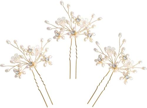 Sppry Wedding Hair Pins (3 Pcs) - Elegant Pearl Floral Crystal Hair Accessories for Bridal Women (Gold)