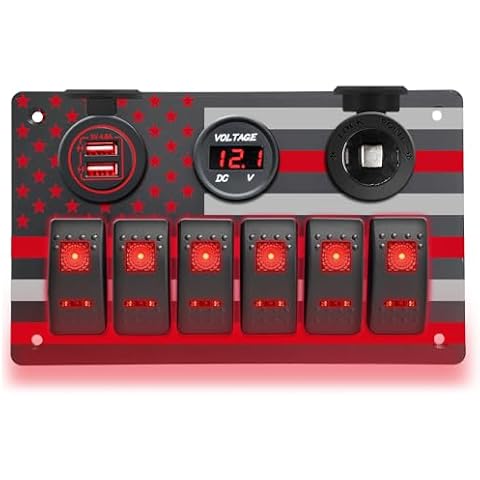 Jamgoer 6 Gang Rocker Switch Panel with American Flag Pattern Waterproof Marine Aluminum Switch Panel with 5 Pin ON/Off Toggle Switch+5V/4.8A Dual USB Charger+Digital Voltmeter+Power Socket(Red LED) Cover