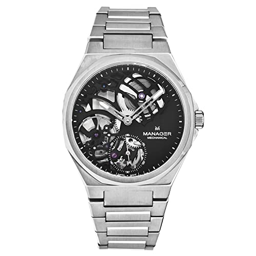 Revue Thommen Manager Men's 'Revolution' Black Dial Stainless Steel Bracelet Hand Winding Watch MAN-RM-01-SM