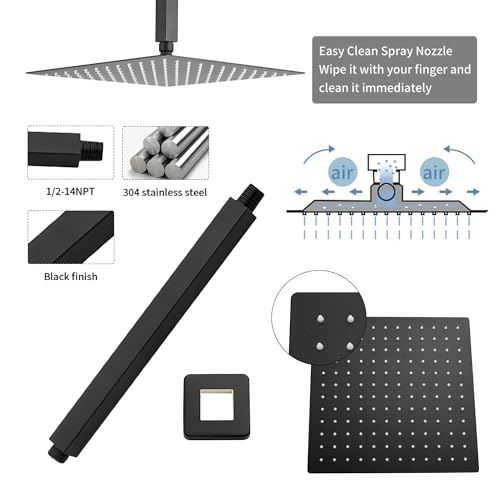Kit de grifería para ducha negra GGStudy con válvula empotrada, cabezal cuadrado de 12 pulgadas en acero inoxidable y rociador manual miniatura 6