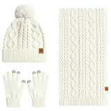 Wxeadu 3 in 1 Mütze, Schal & Handschuh-Sets für Damen, Beanie Mütze Damen Winter mit Bommel, Thermo Touchscreen Handschuhe, Strickschal Damen Winter, Mütze Schal Handschuhe Set Damen