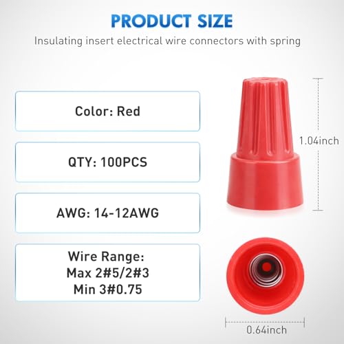 Image of Nilight 100PCS Red Wire Connectors Kit 14-12 AWG Electric Wire Caps Insulating Insert Twist Electrical Wire Terminal with Spring for Connect Electrical Wiring Automotive Car Truck Boats Marine