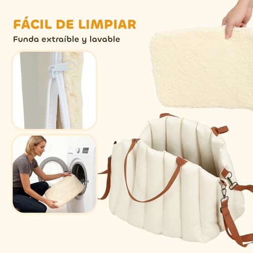 PawHut Asiento de Coche para Perros Pequeños, Asiento de Coche para Mascotas de hasta 5 kg con Cinturón de Seguridad y Base Antideslizante, Cama de Viaje Portátil con Funda Extraíble y Lavable, Crema - imagen 6