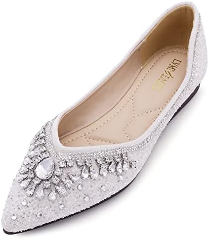 ZQKSEOHS Flats Shoes Women Rhinestone Sequin Wedding Pointed Toe Dress Flat Shoes Comfortable Flats for Women Dressy A-Apricot Size 7