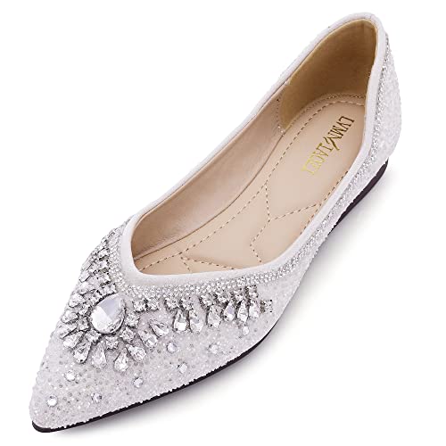 Zqkseohs Flats Shoes Women Rhinestone Sequin Wedding Pointed Toe Dress Flat Shoes Comfortable Flats For Women Dressy A-Apricot Size 7 #TOP24