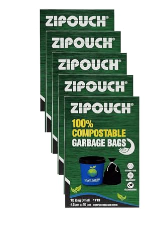 Image of ZIPOUCH 100% Compostable Garbage Bags, Small 43 x 50 cm, 75 Bags, Black, Leak-proof, Odourless Pack of 5