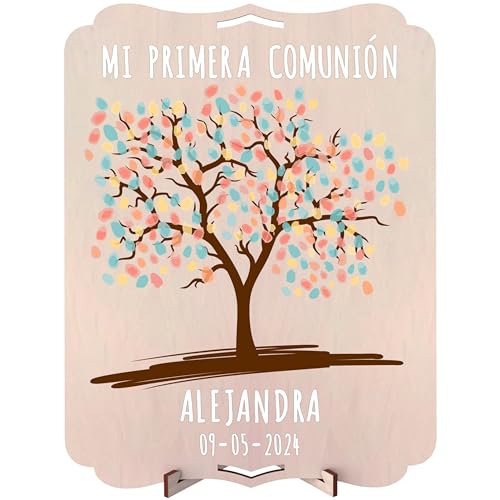 nagu® Árbol huellas comunión o boda. Sirve como Libro de visitas o firmas. Regalos para niños o niñas en su primera comunión. Recuerdo invitados. Marco de madera 30x22 cm con Set de letras y números