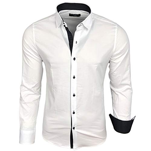 Baxboy Herren-Hemd Langarm/Business Freizeit Hochzeit/Bügelleicht/Slim-Fit/Anzug Kentkragen Hemd B-500, Farbe:Weiß - Schwarz, Größen:L