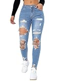Floerns Women's Cut Out Ripped Jeans Raw Hem High Waist Skinny Denim Pants Light Wash M
