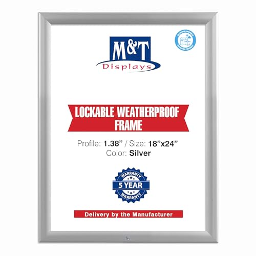 M&T Displays Lockable Weatherproof Snap Poster Frame 1.38 Aluminum Profile Front Loading Wall Mounting Picture Photo Holder (Silver 18x24 inch)