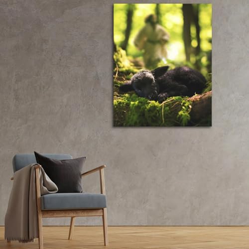 Image of Jesus and Lamb Canvas Wall Art Jesus Runs for the Lost Sheep In Summer Forest Picture Wall Art Canvas Print Christian Home Decor 12x16 inch
