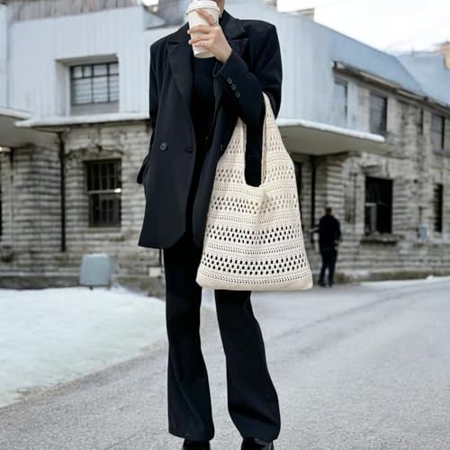 Image of Beach Mesh Crochet Tote Bag Knitted Bag Aesthetic Shoulder Bag Handbags Hollow Hobo Bag for Women Summer (Beige)