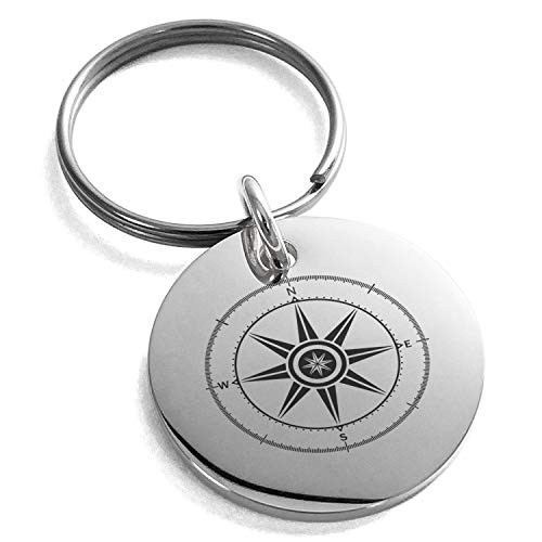 Stainless Steel Nautical Wind Compass Small Medallion Circle Charm Keychain Keyring