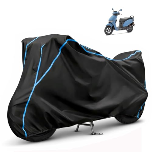 Image of Compatible with Honda QC1 Waterproof Two Wheeler Scooter Body Cover Water Resistant, Heavy Duty, UV Rays, Dust & Scratch Protection for All-Modal & Variants (Black,Sky Blue Piping)