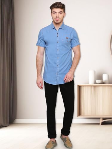 Image of Kuons Avenue Men's Half Sleeve Smart Casual Denim Shirt | Jeans Shirt for Men