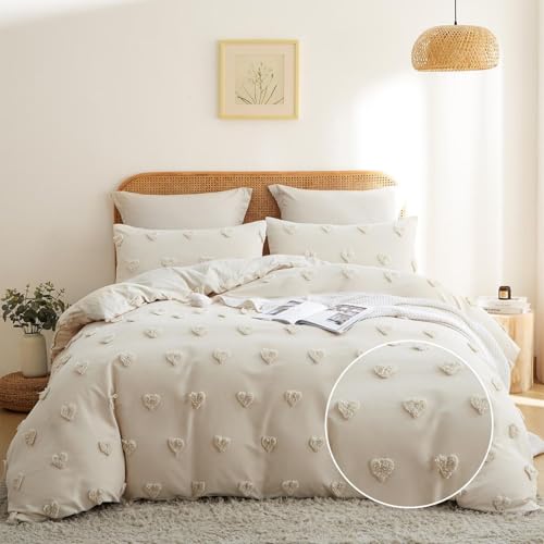 Freyamy Tuftée Housse de Couette Style Bohème 220x240+2 Taie d'oreiller 65x65 Beige Broderie à la Main Parure de lit Boho Fille Adulte Sets de Housse...