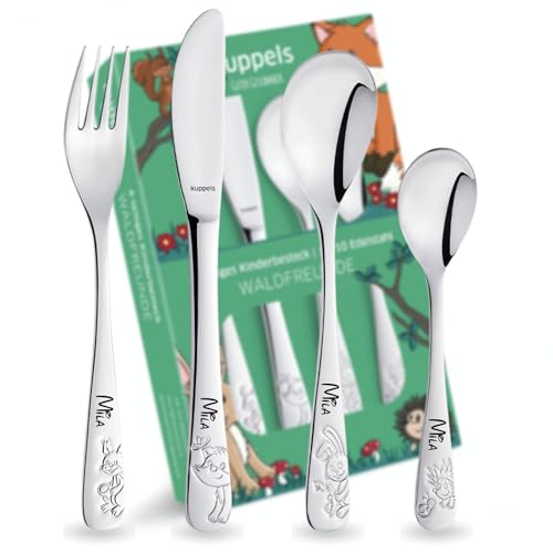 Kuppels Kinderbesteck mit Namensgravur – Kinder Besteck Set ab 3 Jahre, 4-teilig, Edelstahl, spülmaschinengeeignet – personalisiertes Taufgeschenk für Mädchen & Jungen, Waldfreunde
