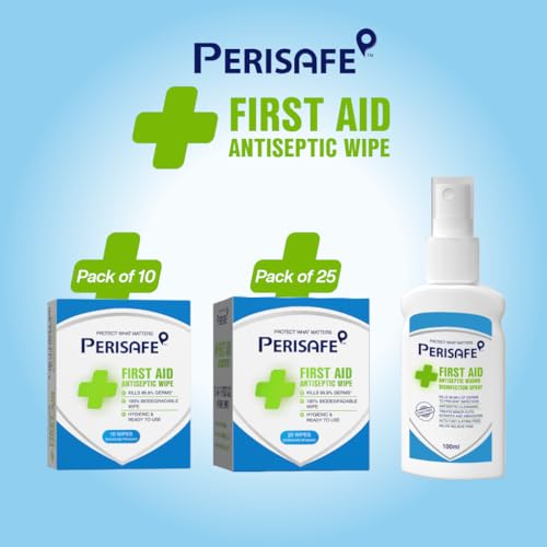 Image of PERISAFE First Aid Antiseptic Wipes | Individually wrapped | 3-in-1 on the go wipe | Kills 99.9% germs | 100% Biodegradable | Hygienic & ready to use | Cleans wounds & Prevents infection| 25 wipes Box