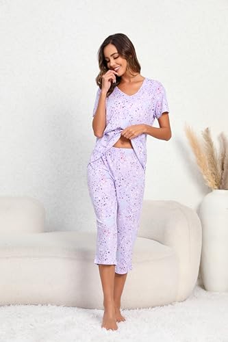 PNAEONG Women’s Pajama Set - Sleepwear Tops with Capri Pants Casual and Fun Prints Pajama Sets SY215-Purple-XL