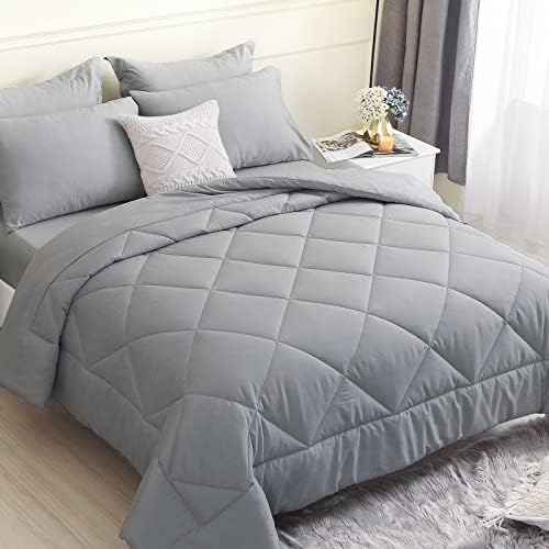 HEVUMYI Queen Comforter Set, 8 Pieces All Season Bed in a Bag Grey, Down Alternative Bedding Sets Queen with Comforter, Flat Sheet, Fitted Sheet, Bed Skirt, Pillowcases & Pillow Shams (Light Gray)